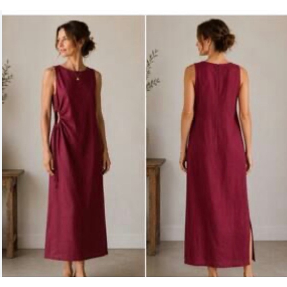Magaschoni Womens Burgundy 100% Linen Side Cutout Drawstring Maxi Dress Size 6